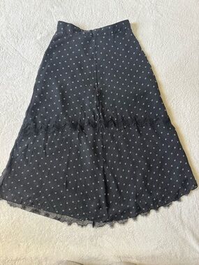 Black Patterned Silk Midi Skirt with Lace Trim